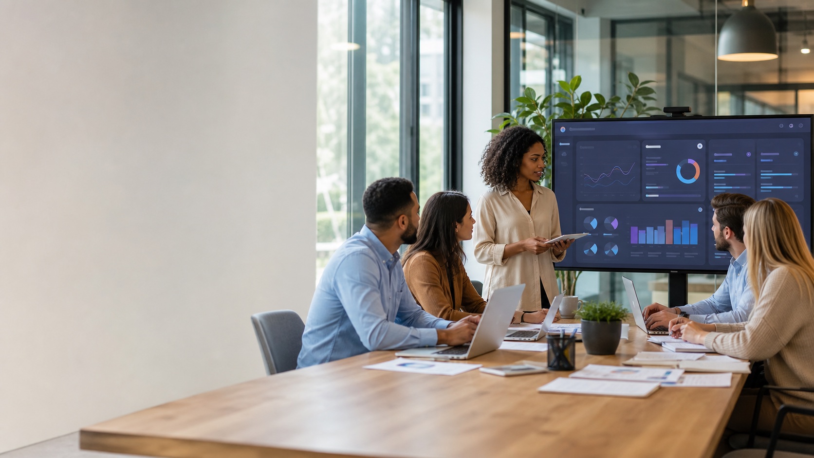 Team reviewing workforce operations dashboard in a modern conference room.