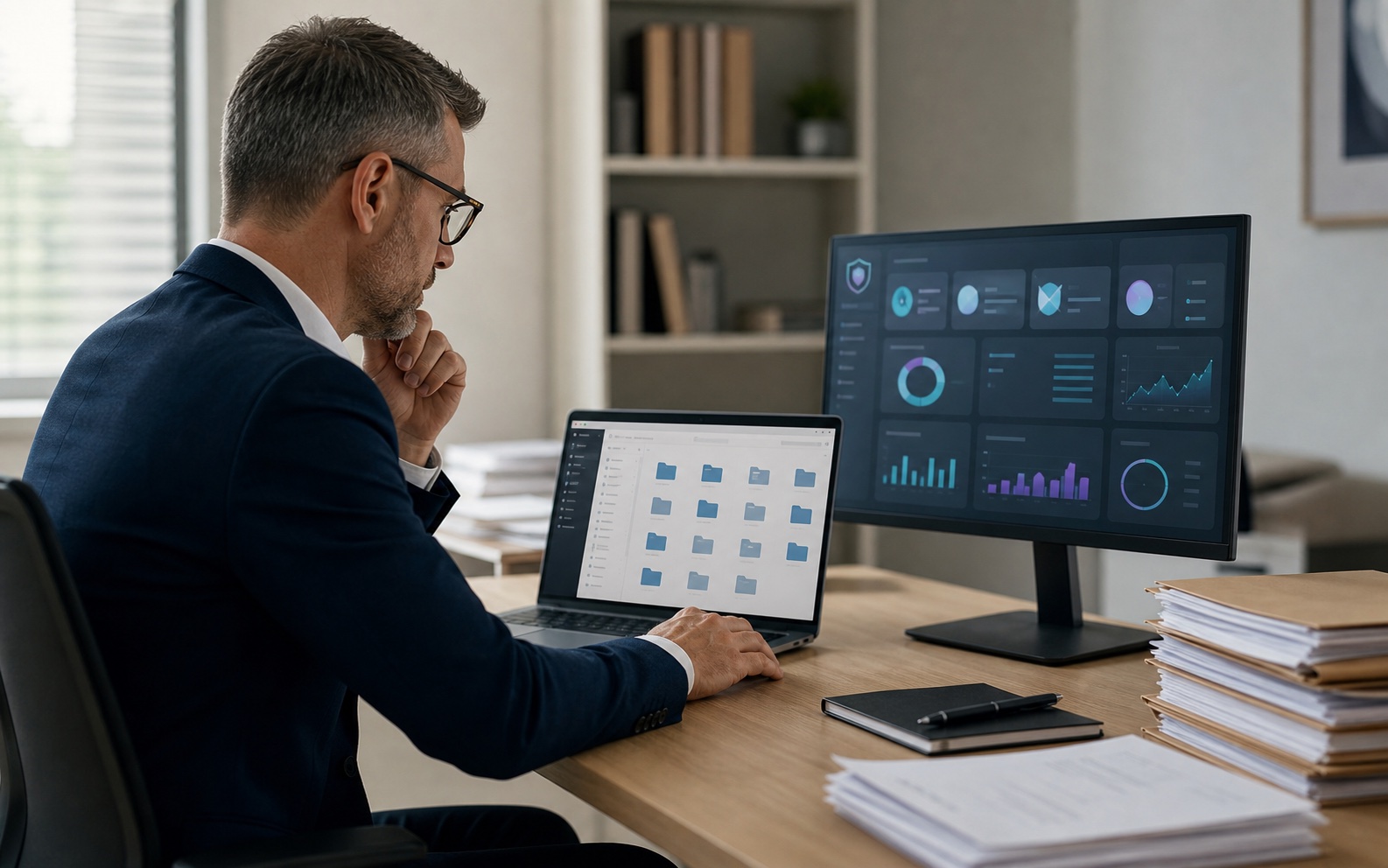 Professional reviewing secure workforce records and dashboard screens.
